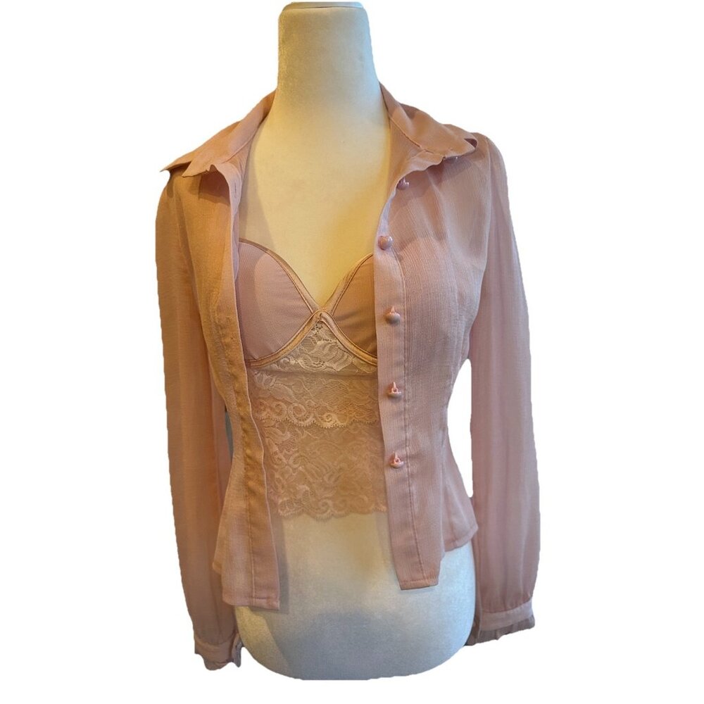 Pink Lace Cami Sheer Pink Button Up Top Coquette Fairycore XSmall